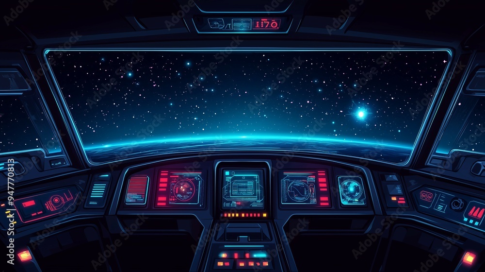 Pixel art retro game style spaceship cockpit cartoon with detailed dashboard and outer space view with stars and planets new stock image illustration AI