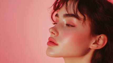 A profile photo of a beautiful young woman with glowing skin, taken after her morning beauty routine, showcasing the results of daily makeup on a pink background. Youth and skincare concept.