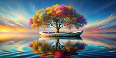 Beautiful tree with abstract art on a boat , nature, landscape, serene, peaceful, tranquil, water, reflection, colorful