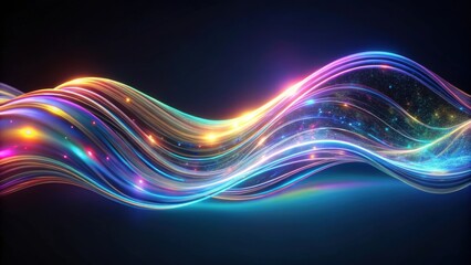 Wall Mural - Abstract fluid holographic wave in motion on dark background, render, holographic, iridescent, neon, curved, wave