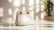 © Matthias - Luxury handbag mockup on white surface, soft shadows, blurred elegant background, front perspective