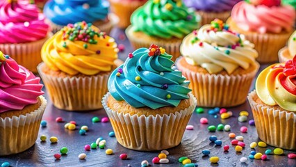 Sweet and beautiful cupcakes on display with colorful frosting and sprinkles, cupcakes, sweet, beautiful, desserts