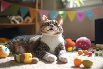 A playful cat surrounded by toys and treats