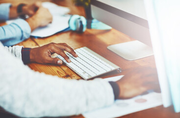 Poster - Hands, keyboard and typing with business person at desk in creative workplace for web development. Administration, desktop and website design with employee in office for programming or research
