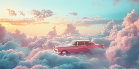 Poster - Pink car drives through a field of clouds.