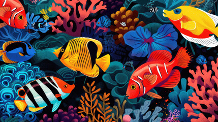 A lively coral reef bustling with various fish species showcasing bright colors and intricate patterns in a rich marine environment