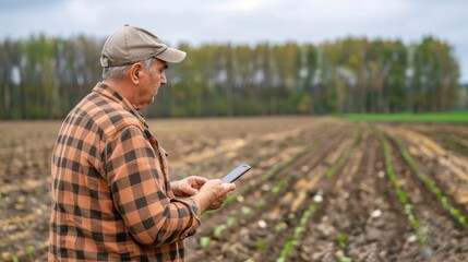 Wall Mural - Digital Farming Smart Farmer Consults Virtual Assistant for Optimal Planting Time in Lush Field Setting