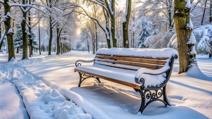 Wall Mural - Bench covered in snow in a winter park , winter, cold, solitude, tranquility, peaceful, snowy, white, frost, nature, outdoors