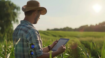 Wall Mural - Digital Farming Farmer Utilizing Augmented Reality Technology in Lush Crop Field