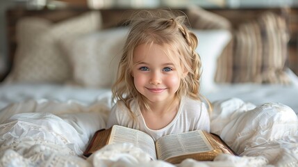 Wall Mural - A young girl with blonde hair and blue eyes smiles while lying on a bed, reading a book. The setting is cozy with soft bedding and pillows in the background.