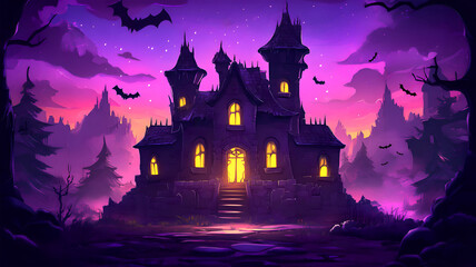 Halloween background with castle and bats at night. Happy Halloween background. 