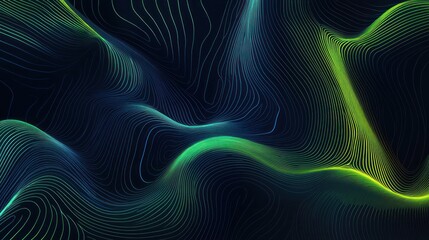 Abstract Green and Blue Wavy Lines on Black Background