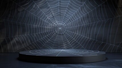Dark spider web themed stage with eerie lighting, A dramatic stage set against a dark background with an intricate spider web design, illuminated by eerie, atmospheric lighting.

