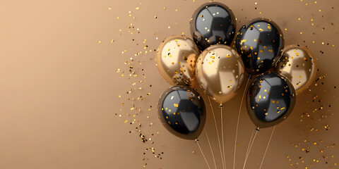 Close-up 3D Chrome Gold and Black Balloons for Weddings and Holidays, Isolated on a Golden Background Wall with Confetti and Copy Space for Text. Landscape Design For Web Banner