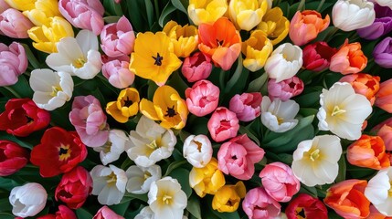 Aerial photography of a colorful tulip field in full bloom