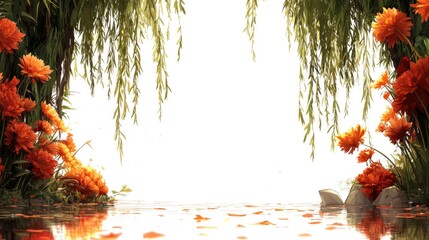 Sticker - Orange Flowers Frame a Tranquil Water Scene