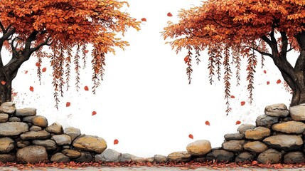 Wall Mural - Autumnal Tree Branches with Falling Leaves and Stone Wall