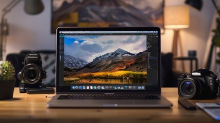 Digital Mastery Transforming Nature's Beauty Landscape Photographer Editing Breathtaking Scenery on Laptop with Editing Software