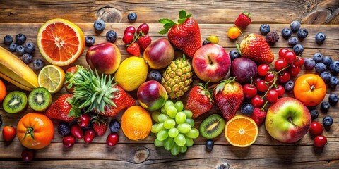 Assorted colorful fruits on a wooden table , healthy, fresh, vibrant, organic, tropical, juicy, ripe, natural, nutrition