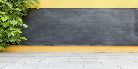 Wall Mural - Chalkboard mounted on a yellow wall with greenery nearby and tiled flooring in a bright, open space