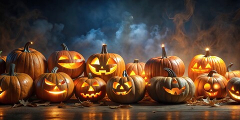 Glowing Jack O' Lanterns scattered in the dark with spooky Halloween background , Halloween, night, pumpkins, illuminated