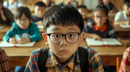 Wall Mural - A boy with glasses is sitting in a classroom with other children