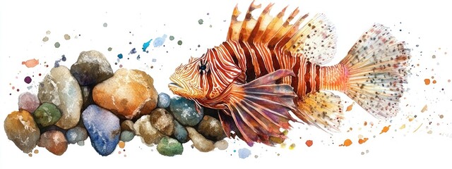 Poster - Watercolor illustration of bottom stones a snag and a lionfish on a white background The skillfully painted realistic fish enhances the vibrant colors Ideal for wildlife themed textile printing st