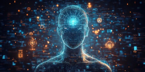 Digital Human with Glowing Lines and Data Visualizations