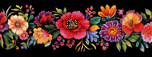 Poster - Watercolor illustration of ethnic flower embroidery showcasing traditional artwork for digital and textile print applications suitable for contemporary women s fashion fabric design