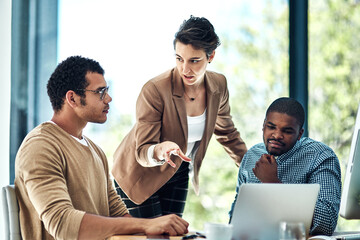 Poster - Manager, office and business people on laptop in discussion for planning, teamwork and project ideas. Corporate company, collaboration and men and women talking for feedback, review and meeting