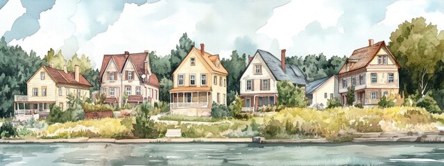 Wall Mural - Watercolor illustration of historic houses along a river embankment