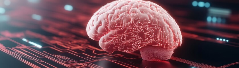Wall Mural - conceptual illustration of the brain, neurons depicted as digital circuitry, blending biological and