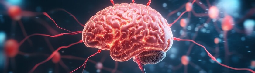 Wall Mural - conceptual illustration of the brain, neurons depicted as digital circuitry, blending biological and
