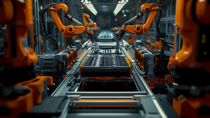 Futuristic electric vehicle battery production line with robotic arms and precision tools