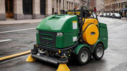 Fully automated street cleaning machine with two round brushes on a city street early in the morning