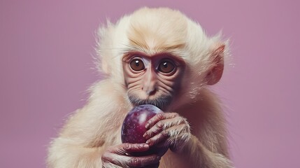 Blond uakari monkey on a basic purple background eating plums