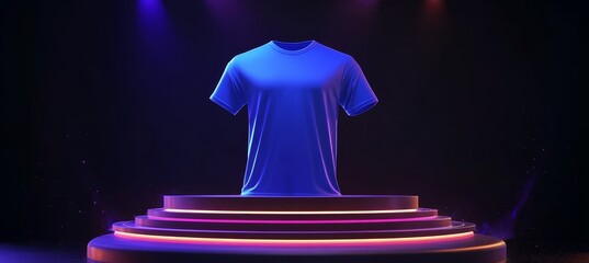 Blue T-Shirt Showcased on an Illuminated Podium, Ideal for Product Photography and Marketing