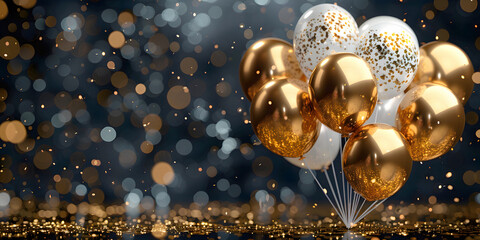 Wall Mural - Close-up 3D Chrome Gold and White Balloons for Weddings and Holidays, Isolated on a Black Background Wall with Confetti and Copy Space for Text. Landscape Design For Web Banner