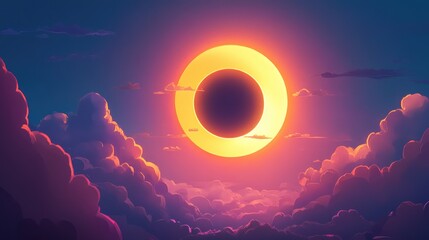 Wall Mural - A solar eclipse a natural phenomenon where the moon obscures the sun causes the sky to darken in a 3D cartoon rendering