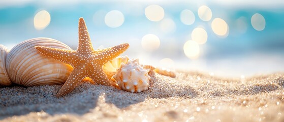 Seashells and starfish on sandy beach, soft focus background with sparkling bokeh