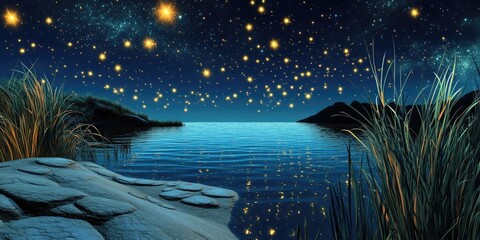 Aufkleber - 3D cartoon illustration of stars above a tranquil lake