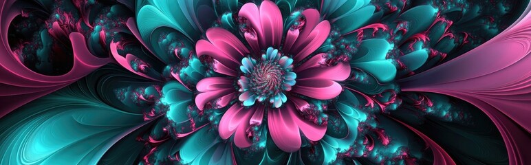 Aufkleber - Abstract fractal background featuring a detailed central flower and decorative pattern in vibrant shades of dark pink and turquoise rendered in 3D cartoon style