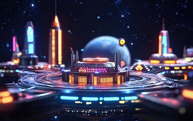 Aufkleber - 3D cartoon rendering of a space station orbiting a planet with a dark background
