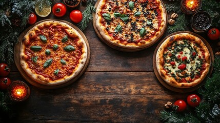 Delicious pizzas on wooden table, festive vibrant background for Pizza Fest, with colorful decorations, PizzaFest Celebration