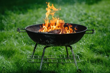 Grill barbecue background. BBQ with firewood. Black wood coals with flame. Burning bonfire. Outdoor barbecue. Front view of grill with charcoal pieces on green grass