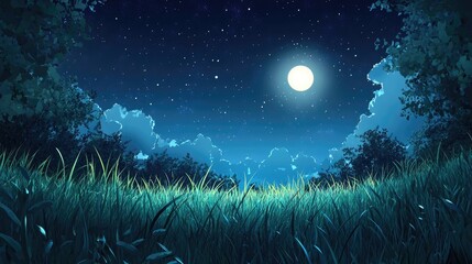 Fototapete - Illustration design background featuring a night sky over a grass field in 3D cartoon rendering