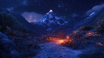 Fototapete - Mountain night landscape with light painting in 3D cartoon rendering
