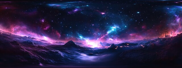 Wall Mural - 3D illustration of a space nebula filled with stars featuring a virtual reality environment 360 HDRI map and an equirectangular projection of the universe in a spherical panorama