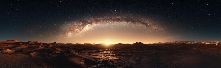 Wall Mural - Panoramic view of the Milky Way galaxy on the desert horizon at night in a 3D cartoon rendering showcasing the universe and cosmos with some light pollution on the right side