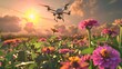 © laliz - SolarPowered Drone Soaring Over Vibrant Zinnia Field Under Sunny Skies